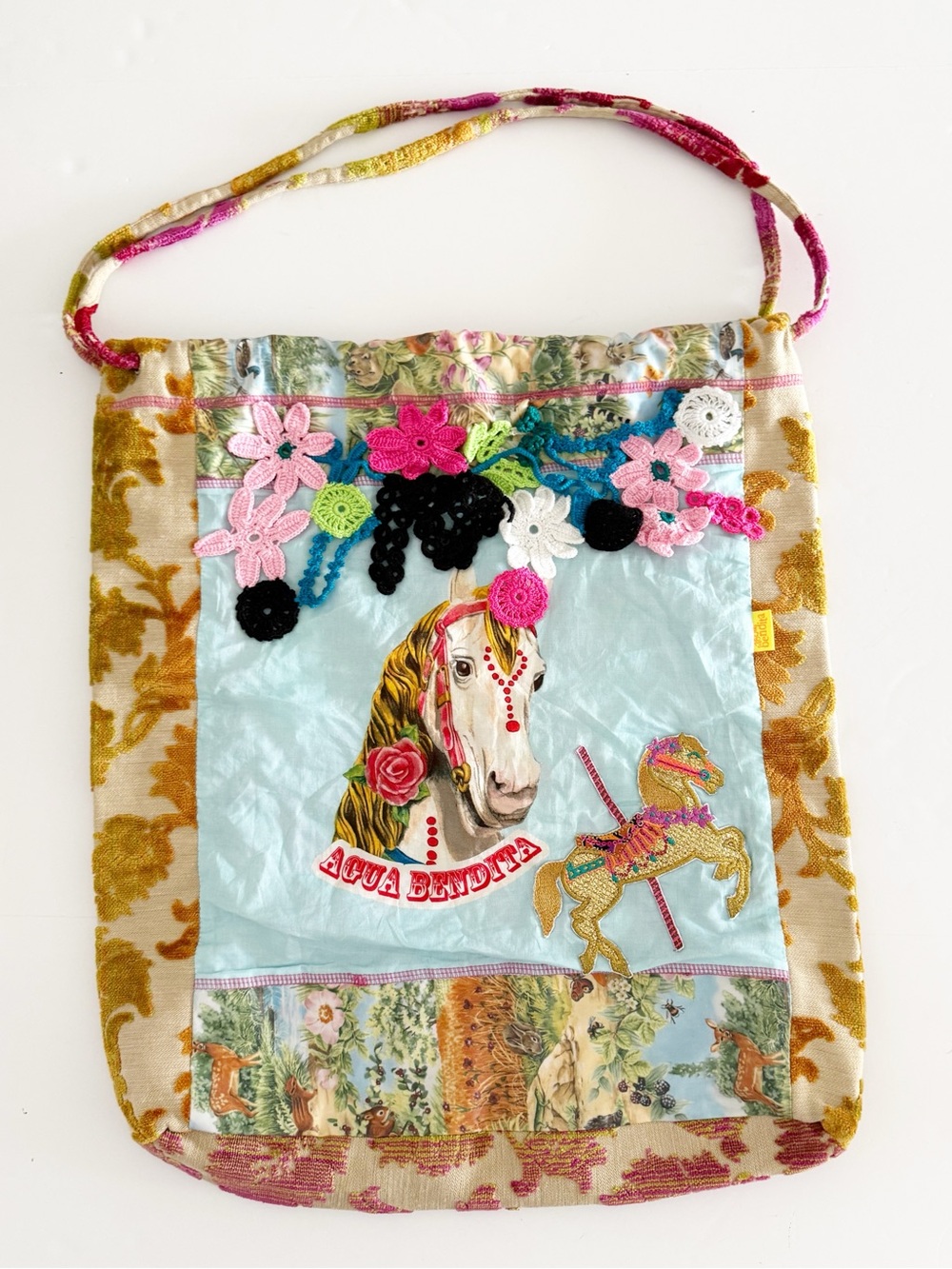 Rare Agua Bendita Oversized Patchwork Crochet Boho Applique Horse Tote Bag Purse